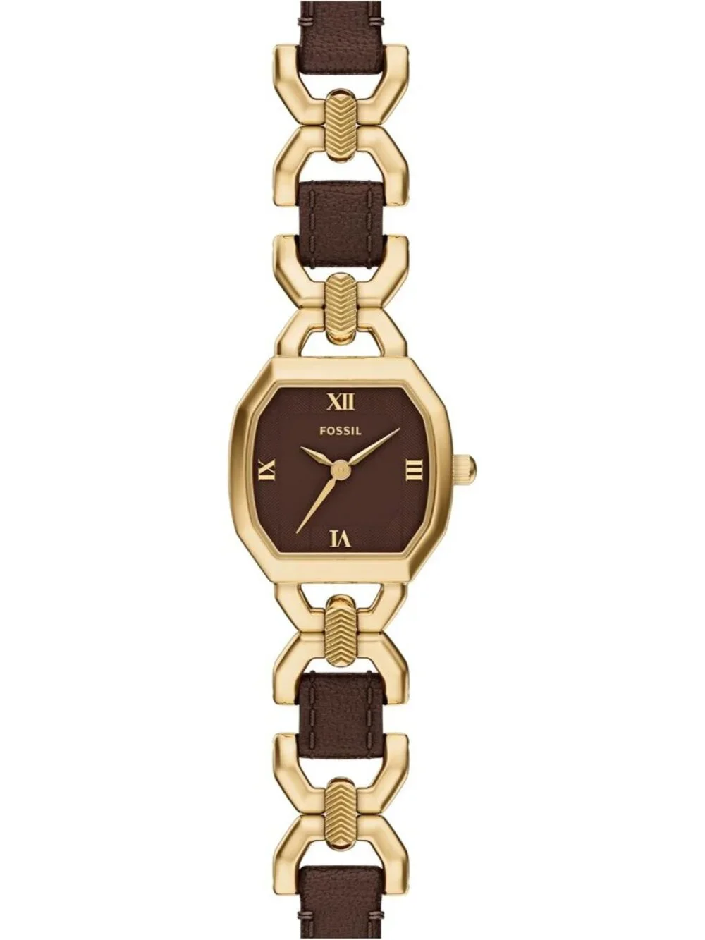 Women's Gold-Tone Stainless Steel Three-Hand Brown Leather Octagonal case Watch